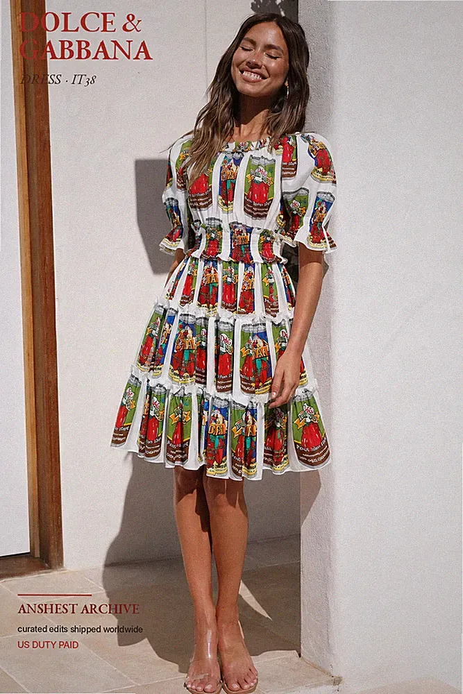 Dolce & Gabbana 2019 Cans Print Cotton Ruffle Flared Dress IT38