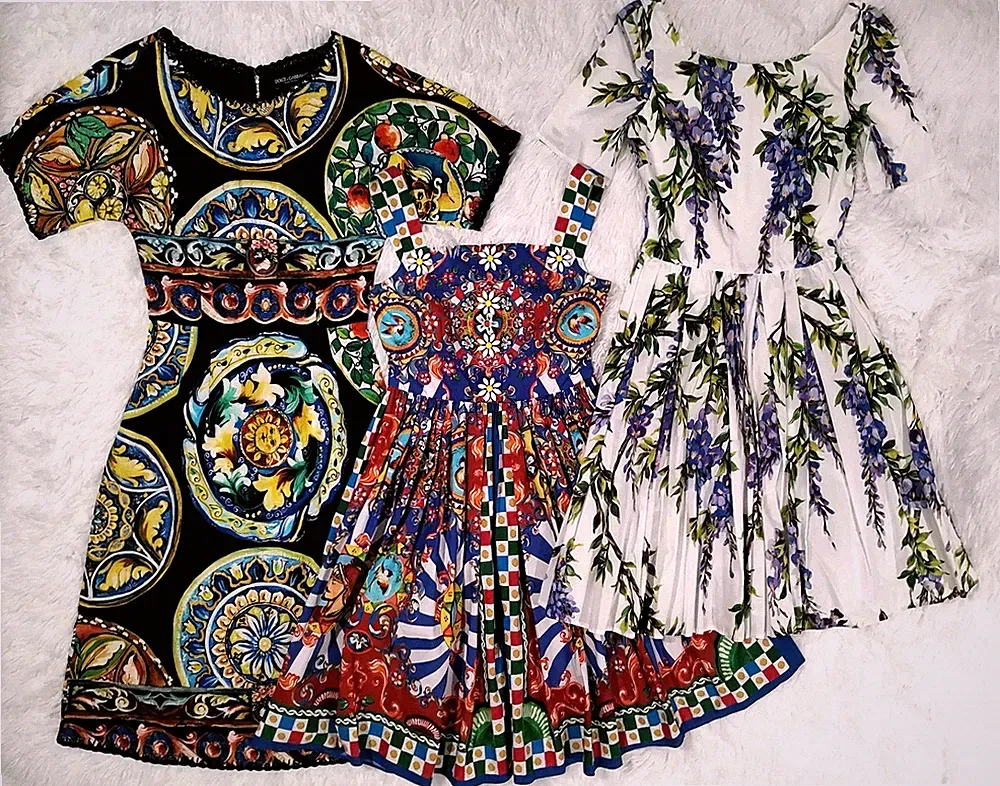 Dolce & Gabbana 3er Set Baumwolle Ausgestellte Kleider IT38 Carretto Glyzinie...