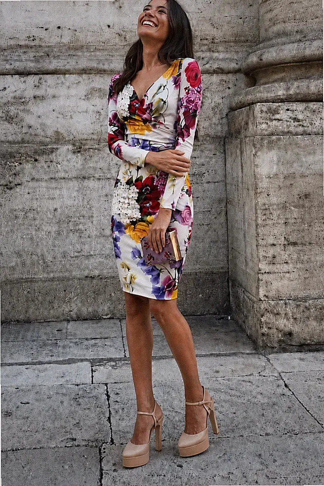Dolce & Gabbana Bodycon-Etuikleid Blumenmuster Rüschen Seide V-Ausschnitt IT36