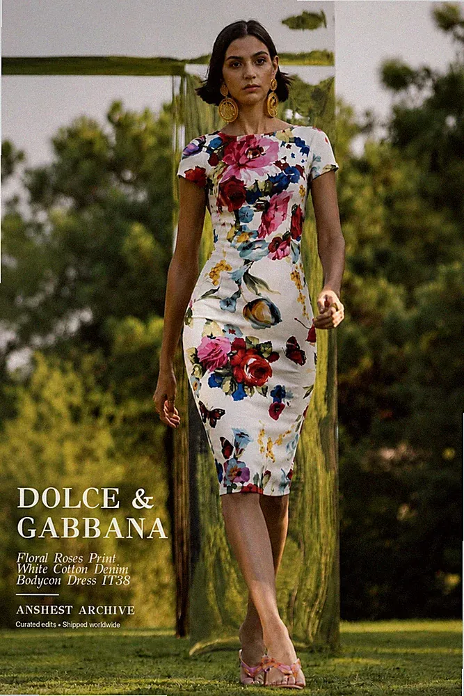 Dolce & Gabbana Bodycon-Kleid Blumen Rosen Print Weiß Baumwolle Denim IT38
