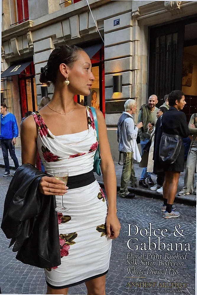 Dolce & Gabbana Bodycon-Kleid Blumenmuster Rüschen Seide Satin Weiß IT38