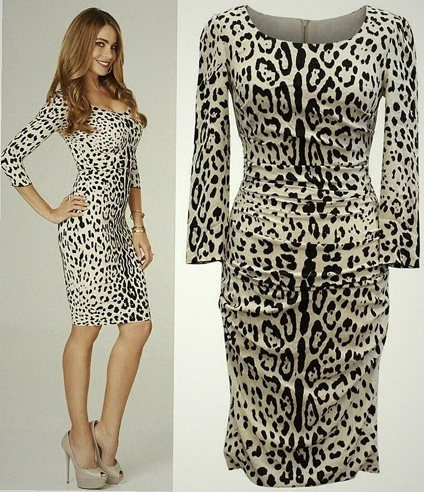 Dolce & Gabbana Bodycon-Kleid Leopardenmuster Rüschen Grau Seide IT38