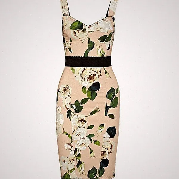 Dolce & Gabbana Bustier Floral Print Beige Cady Etui Bodycon Kleid IT38