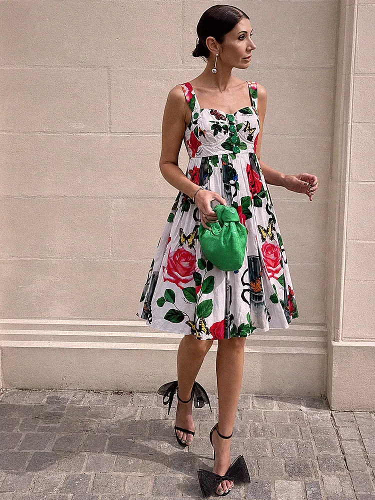 Dolce & Gabbana Bustier Kleid Kaffeekanne Rot Rosen Blumenmuster Baumwolle IT42