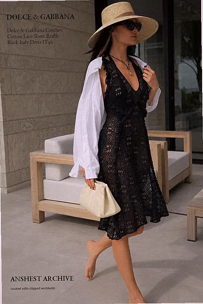 Dolce & Gabbana Crochet Cotton Lace Sheer Ruffle Black Italy Dress IT46