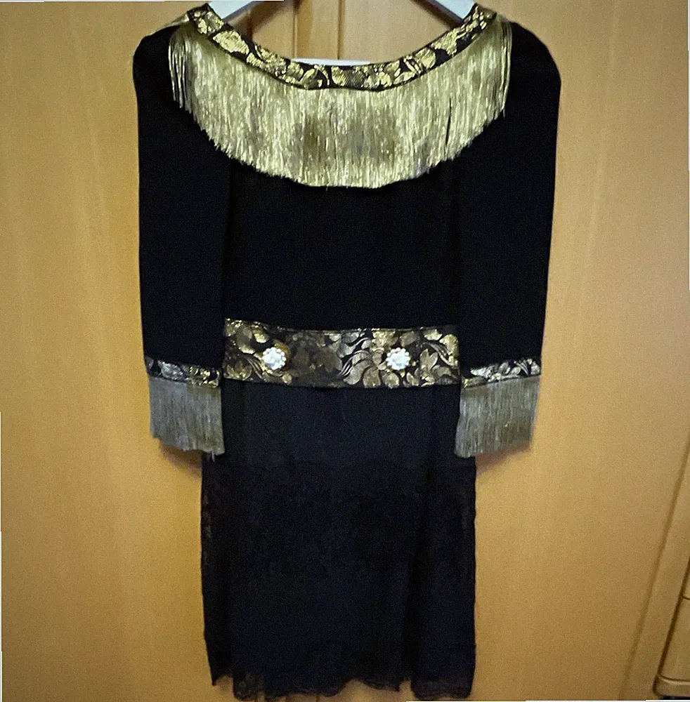 Dolce & Gabbana Damen Etuikleid schwarz Spitze Fransen kurz 3/4 Arm Gr. 36