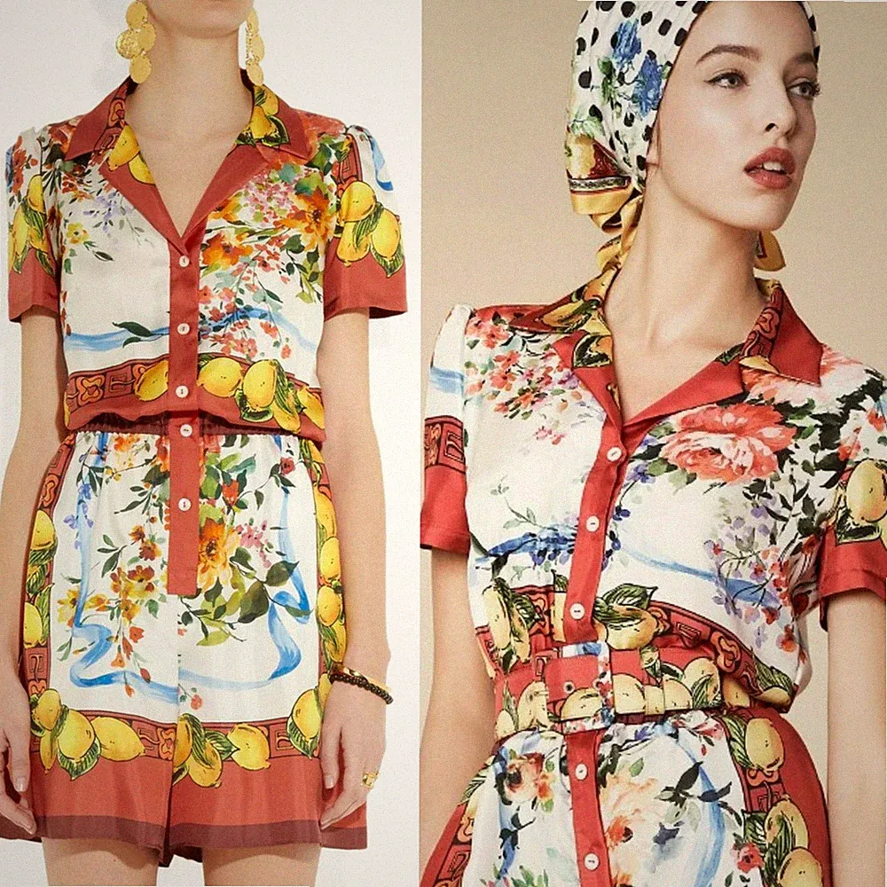 Dolce & Gabbana Designer Strampler-Kleid Seide Blumen Majolika Zitronen IT40