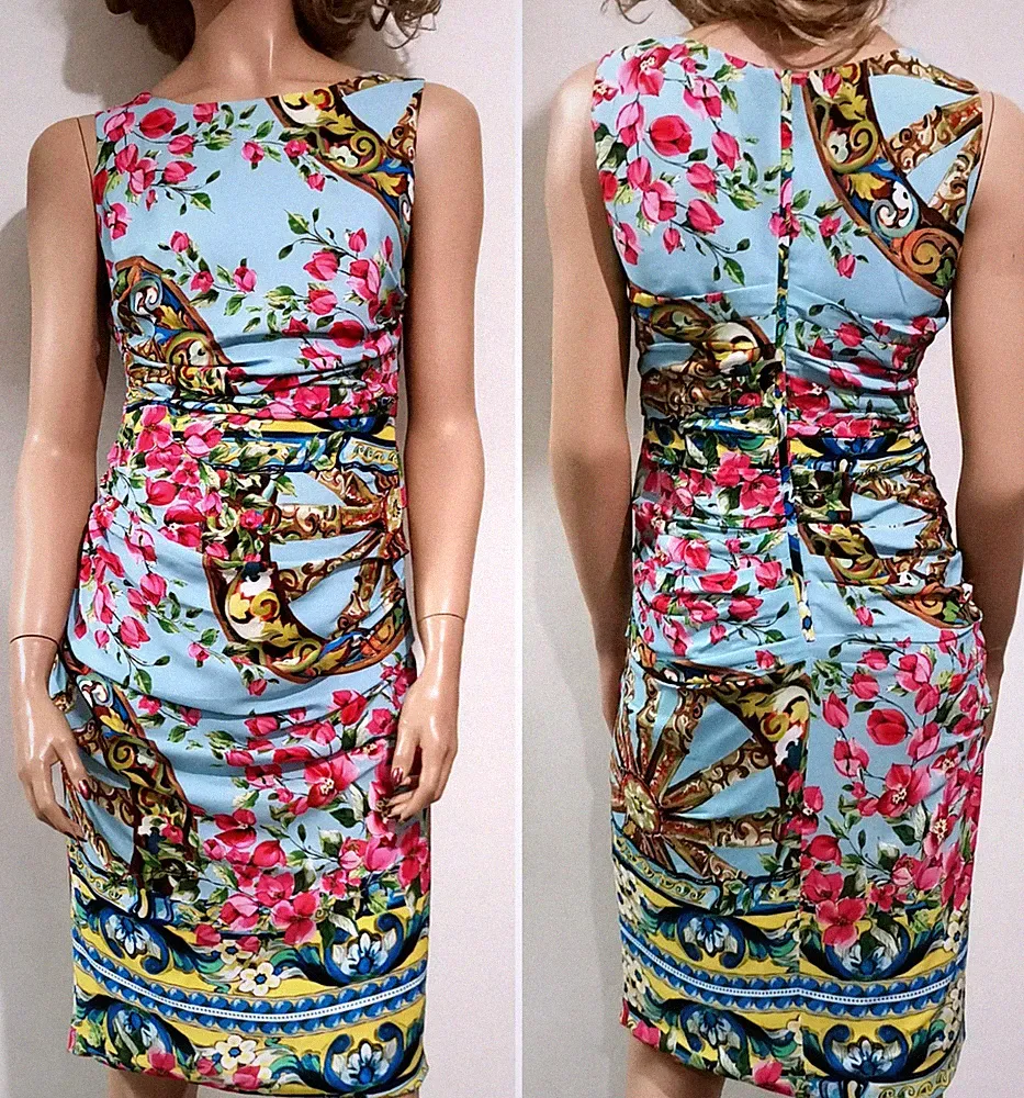 Dolce & Gabbana Etuikleid Blumen Räder Print Cady Blau Rüschen IT42