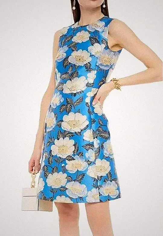 Dolce & Gabbana Etuikleid Blumenmuster Jacquard Brokat A-Linie Blau IT42