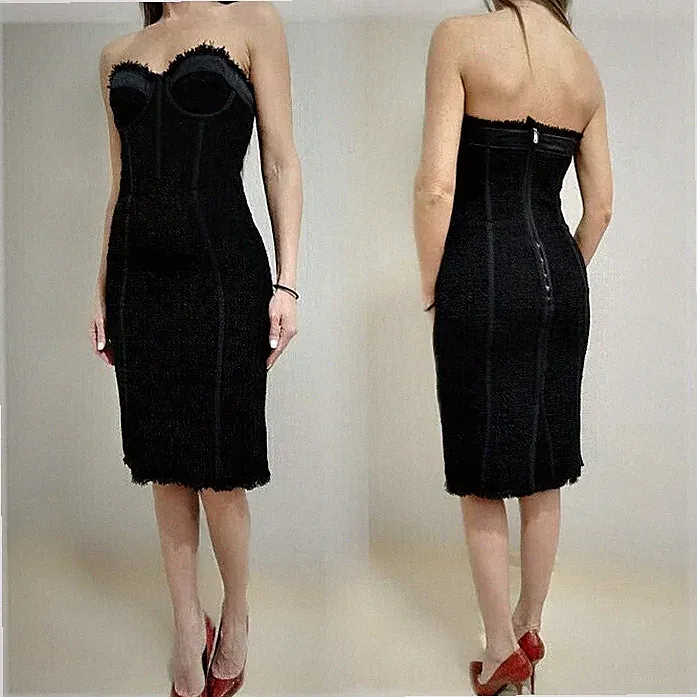 Dolce & Gabbana Etuikleid Trägerlos Bustier Schwarz Tweed Wolle IT40