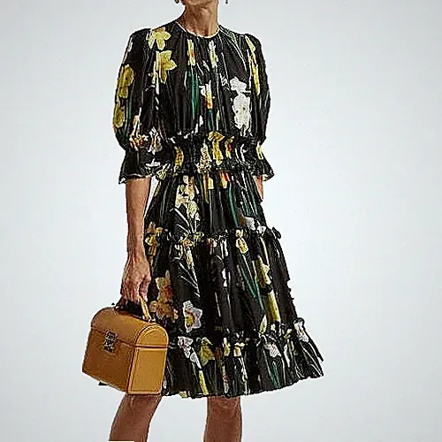 Dolce & Gabbana Floral Daffodil Print Silk Chiffon Ruffle Flared Dress IT40