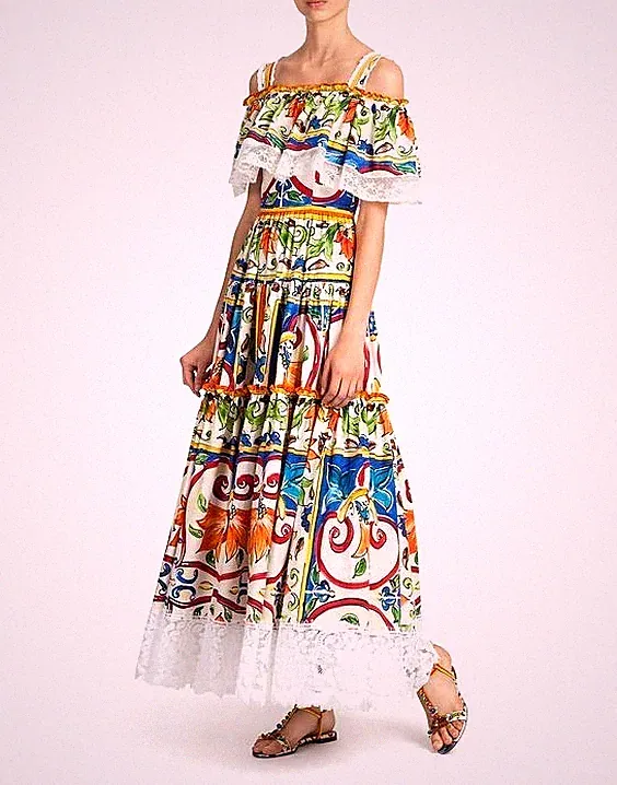 Dolce & Gabbana Floral Majolica Print Lace Cotton Cold-Shoulder Maxi Dress IT42