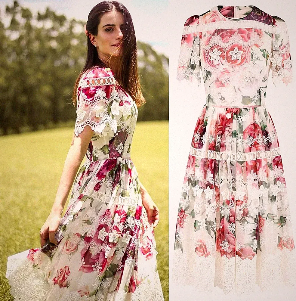 Dolce & Gabbana Floral Peony Print Lace Trim Sheer Silk Chiffon Dress IT38