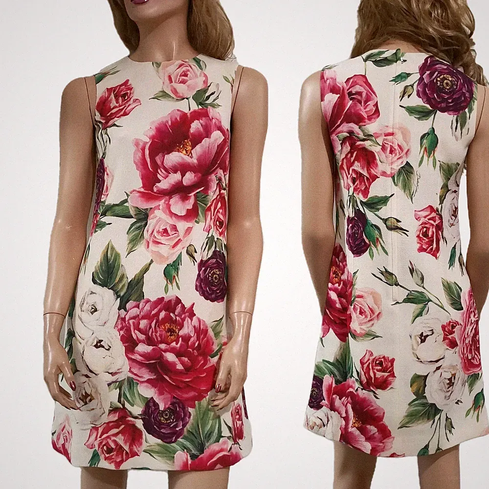 Dolce & Gabbana Floral Peony Roses Print A-Line Shift Wool Italy Dress IT38