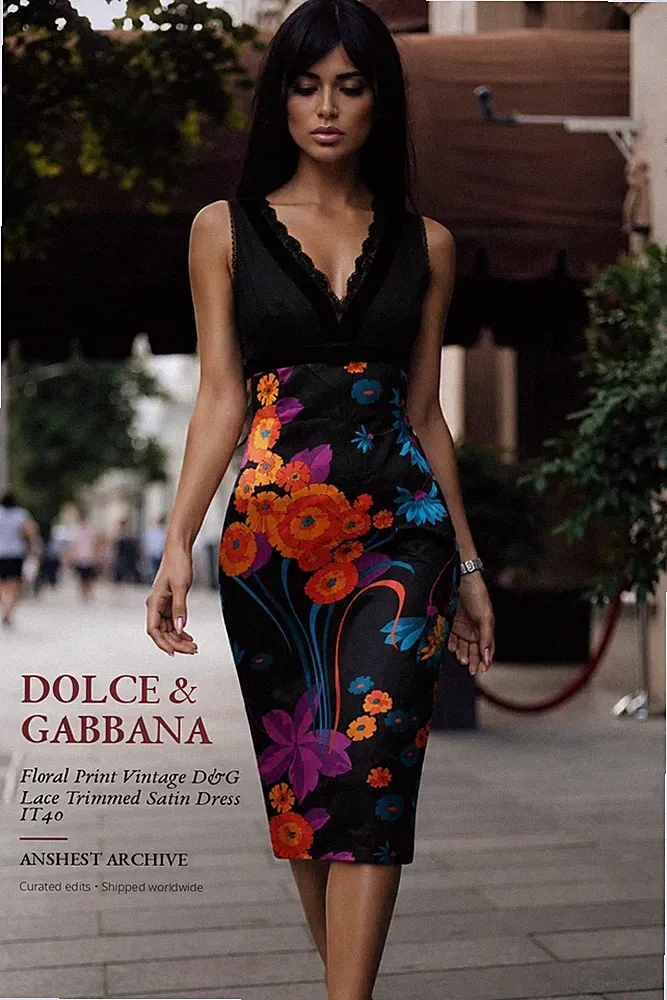 Dolce & Gabbana Floral Print Vintage D&G Lace Trimmed Satin Dress IT40