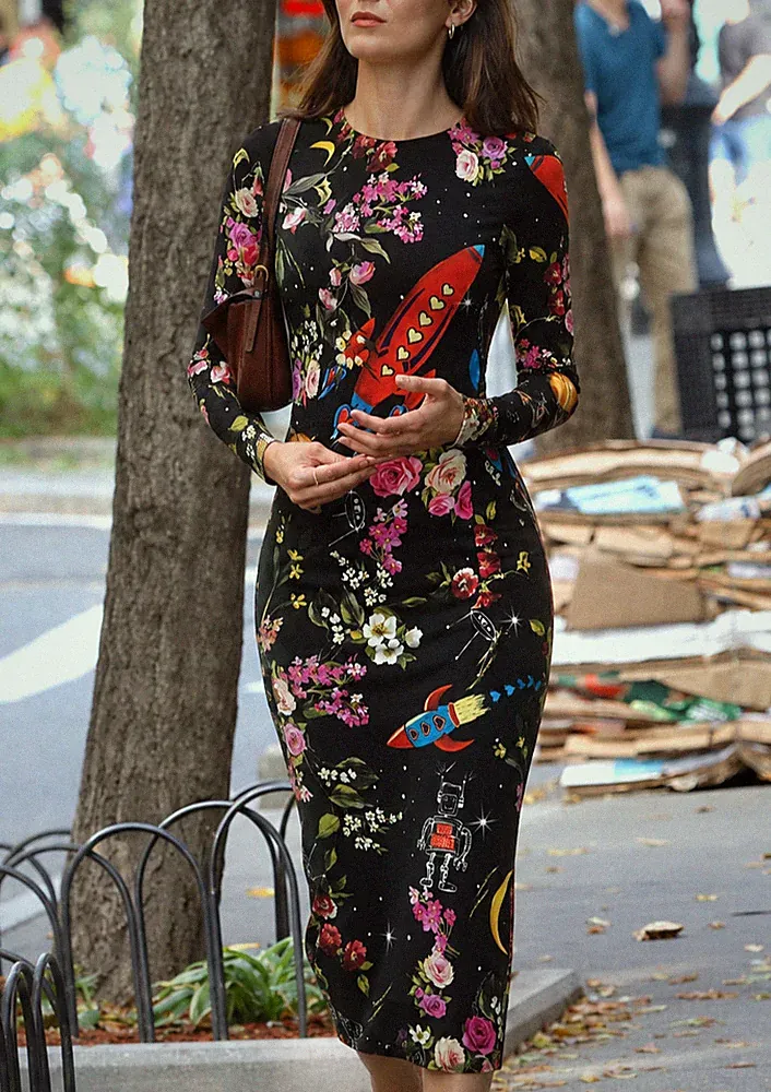 Dolce & Gabbana Floral Rocket Space Print Cady Pencil Black Midi Dress IT40