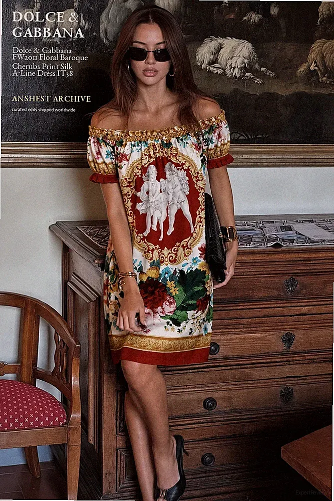 Dolce & Gabbana FW2011 Floral Baroque Cherubs Print Silk A-Line Dress IT38