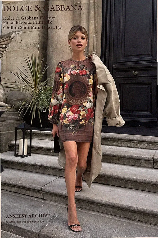 Dolce & Gabbana FW2012 Floral Baroque Print Silk Chiffon Shift Mini Dress IT38