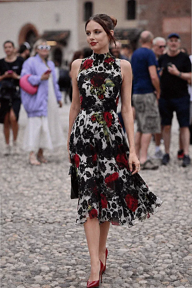 Dolce & Gabbana FW2015 Midikleid Rosen Blumenmuster Seide Chiffon Spitzenbesa...