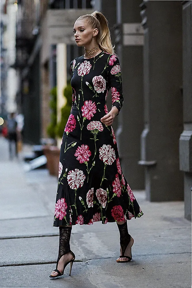 Dolce & Gabbana FW2019 Floral Pink Carnations Print Black Silk Midi Dress IT40