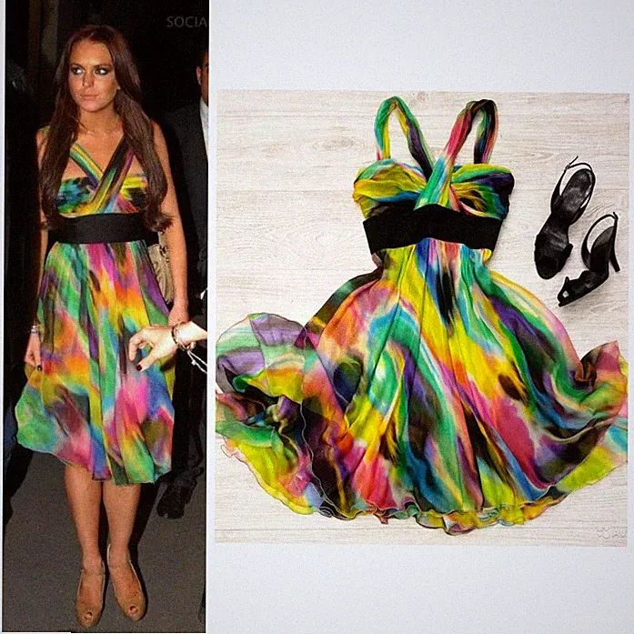 Dolce & Gabbana Kleid Abstrakt Mehrfarbig Print Seide Chiffon High-Waist IT40