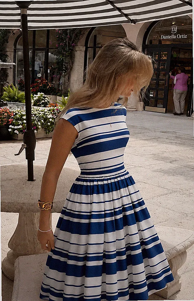 Dolce & Gabbana Kleid blau Streifen Print Baumwolle Popeline ausgestellt Plis...