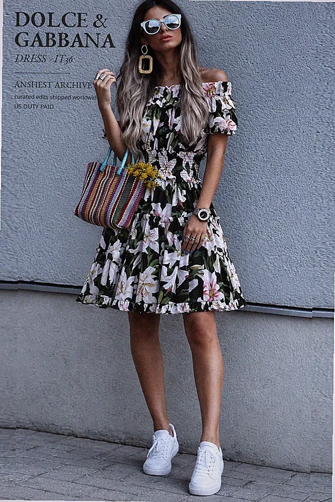 Dolce & Gabbana Kleid Blumen Lilien Print Schulterfrei Baumwolle Rüschen Schw...