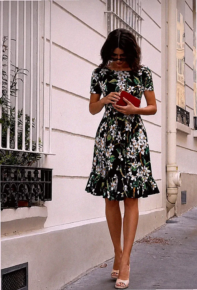 Dolce & Gabbana Kleid Blumen Orange Blüten Print Rüschen Schwarz Baumwolle IT42