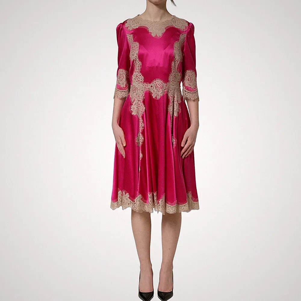 DOLCE & GABBANA Kleid Fuchsia Rosa Spitzendetail A-Linie Midi IT40/US6/S 2920usd