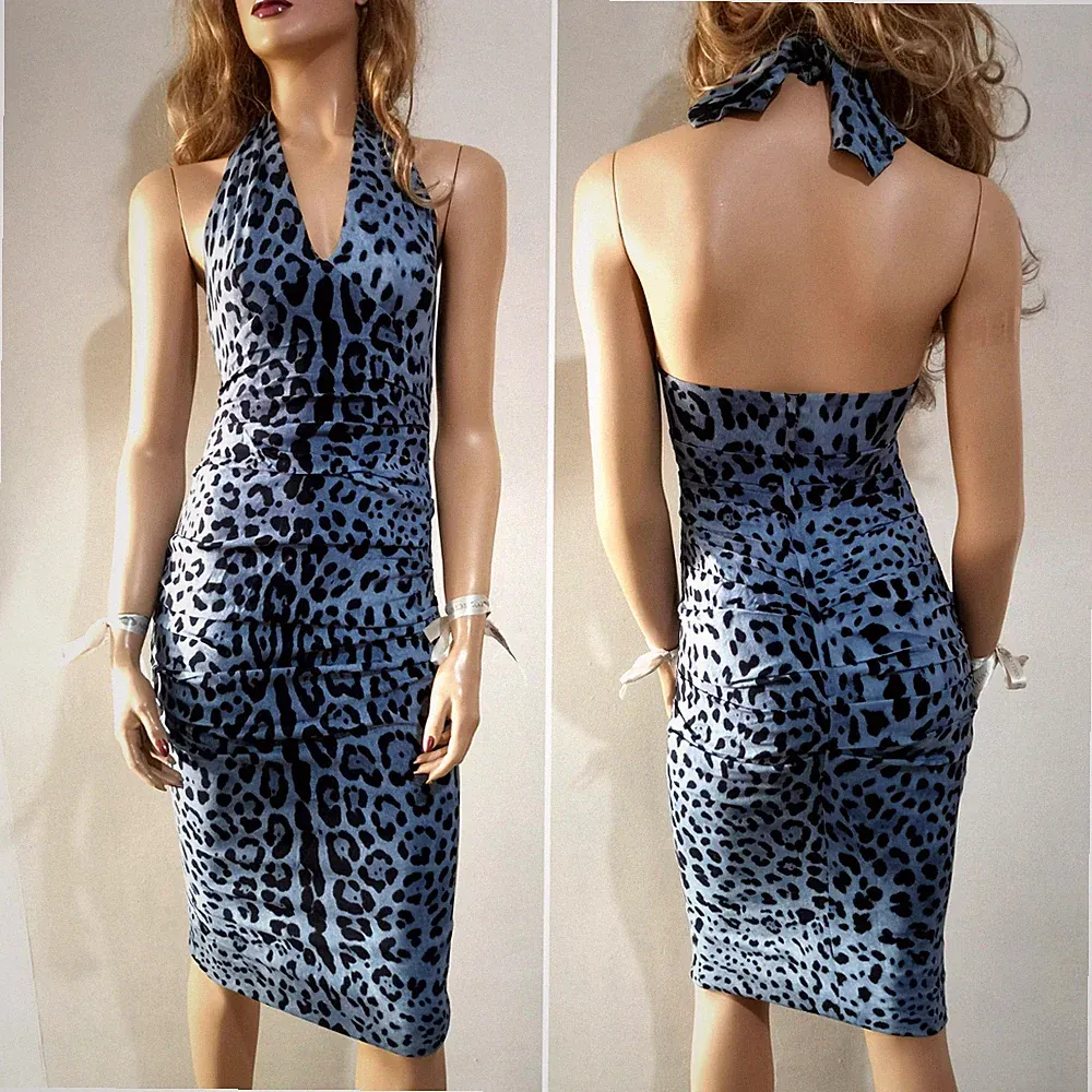 Dolce & Gabbana Kleid Leopardenmuster Rüschen Seide Krepp Neckholder Offener...