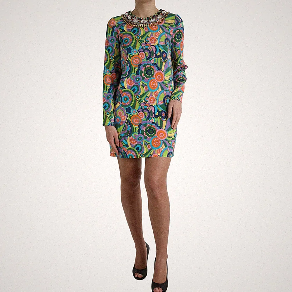 DOLCE & GABBANA Kleid Mehrfarbig Geometrisches Muster Seide Kristalle Midi IT...