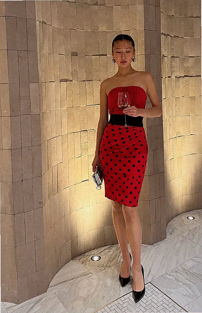 Dolce & Gabbana Kleid Polka Dot Print Trägerlos Korsett Seide Rot IT38