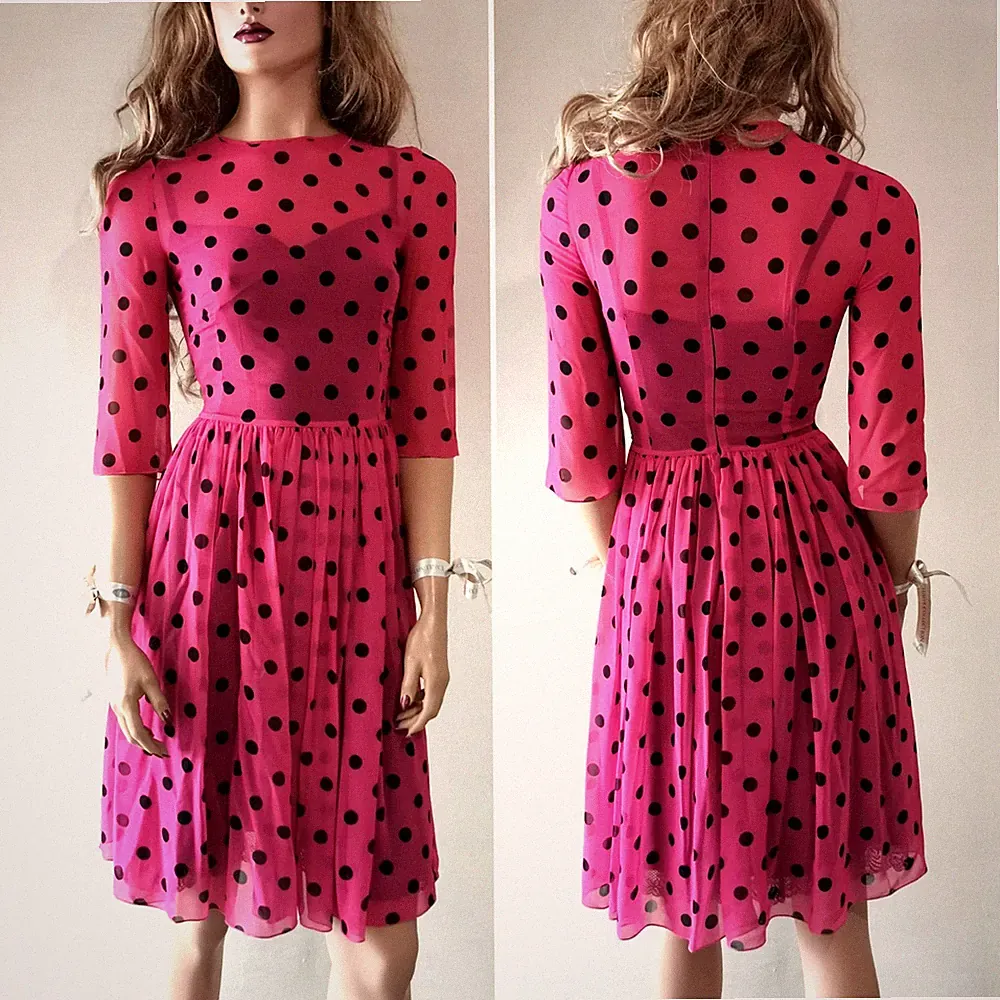 Dolce & Gabbana Kleid Polka Dot Sheer Chiffon Staff Pink Fuchsia IT38