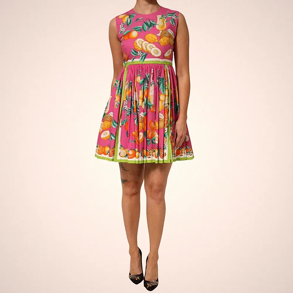 DOLCE & GABBANA Kleid Rosa Frucht Print A-Linie Mini Ärmellos IT42/US8/M 1500usd