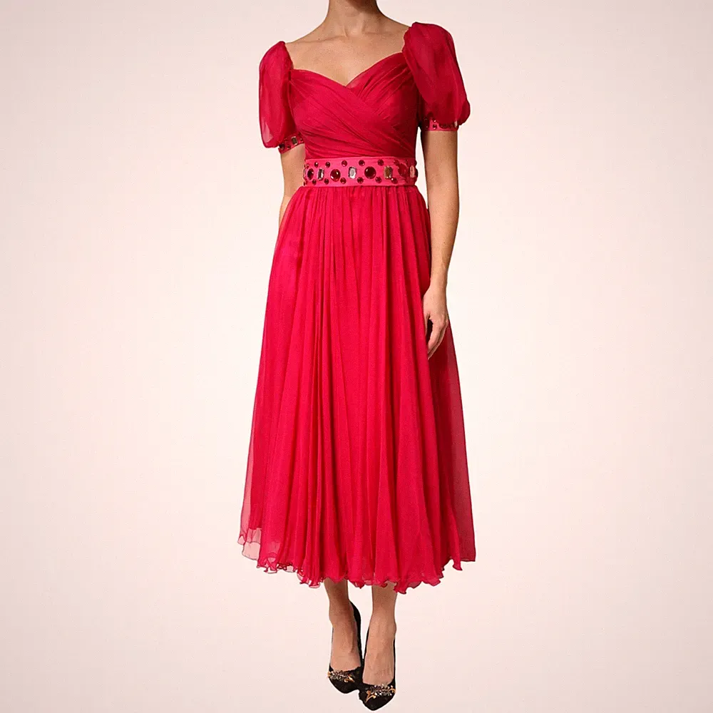 DOLCE & GABBANA Kleid Rosa Seide Verziert A-Linie Midi IT46/US12/XL UVP 3070usd