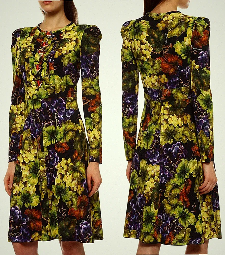 Dolce & Gabbana Kleid Trauben Blätter Print Cady A-Linie Plissee Italy IT40