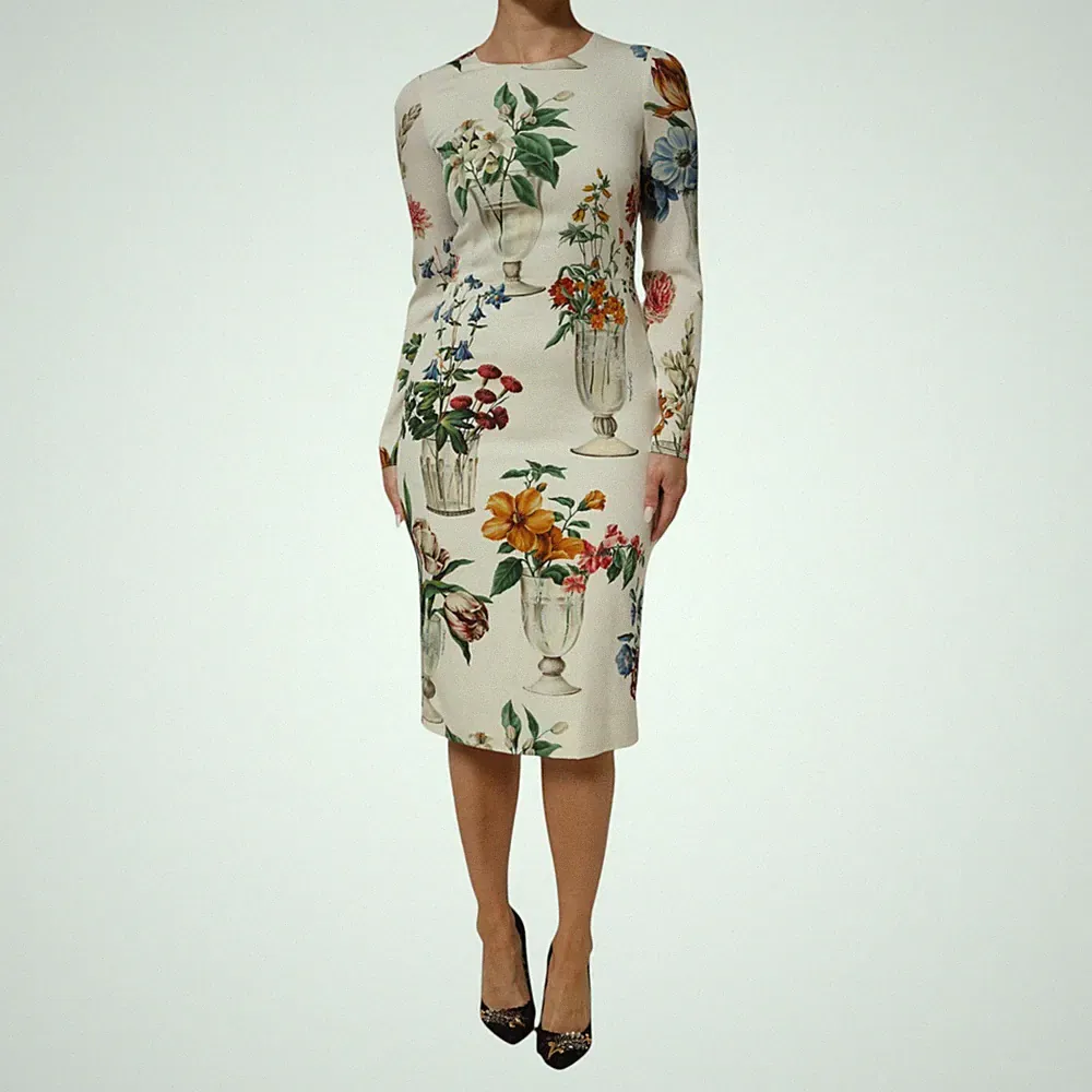DOLCE & GABBANA Kleid Weiß Blumenvase Seide Etui Midi IT42/US8/M UVP 2480usd