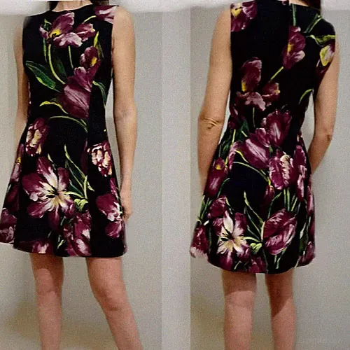 Dolce & Gabbana Kurzes Kleid Blumen Lila Tulpen Print A-Linie Wolle IT40