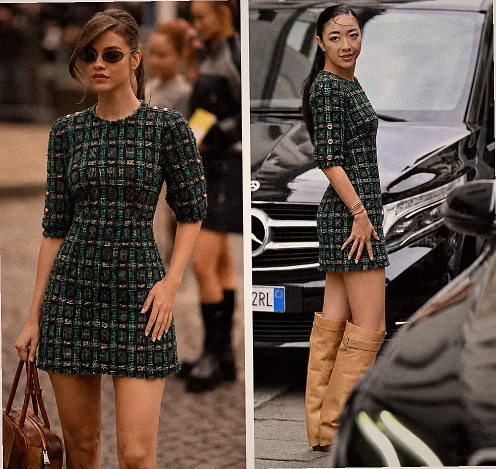 Dolce & Gabbana Kurzes Kleid grün Wolle Tartan Boucle A-Linie Knöpfe IT40