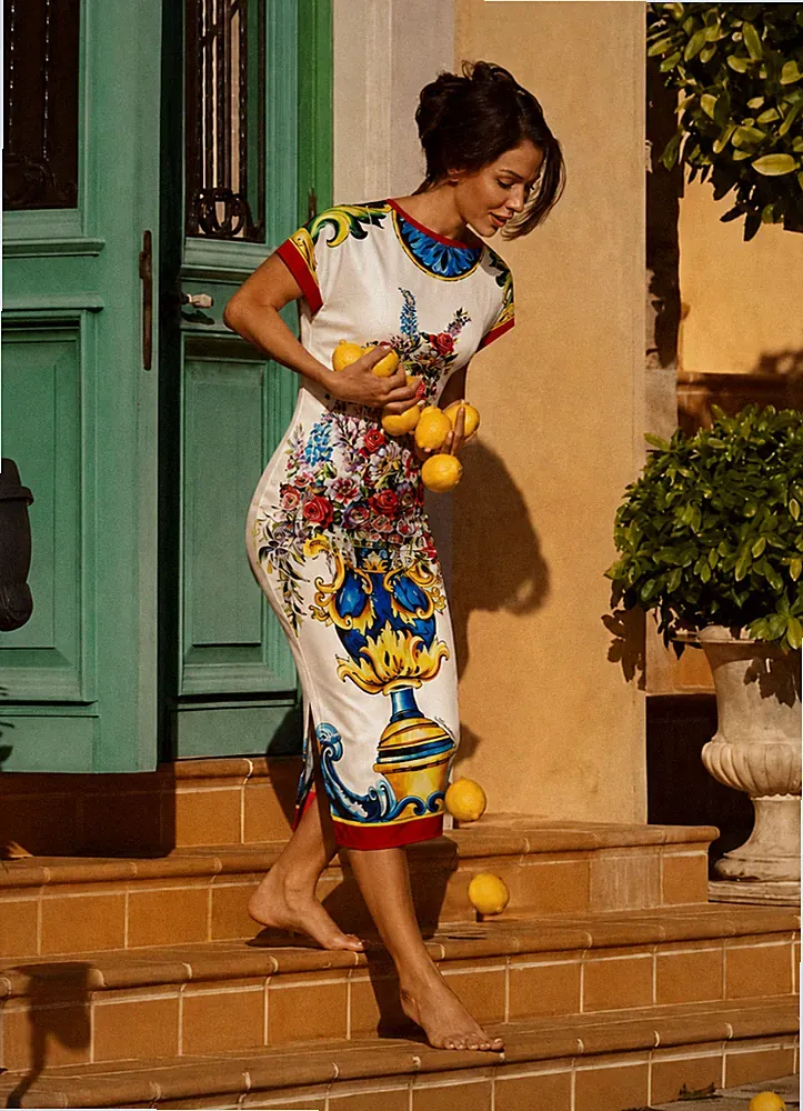 Dolce & Gabbana Majolika Vasen Blumenmuster Seide Etui Bleistift Midikleid IT38