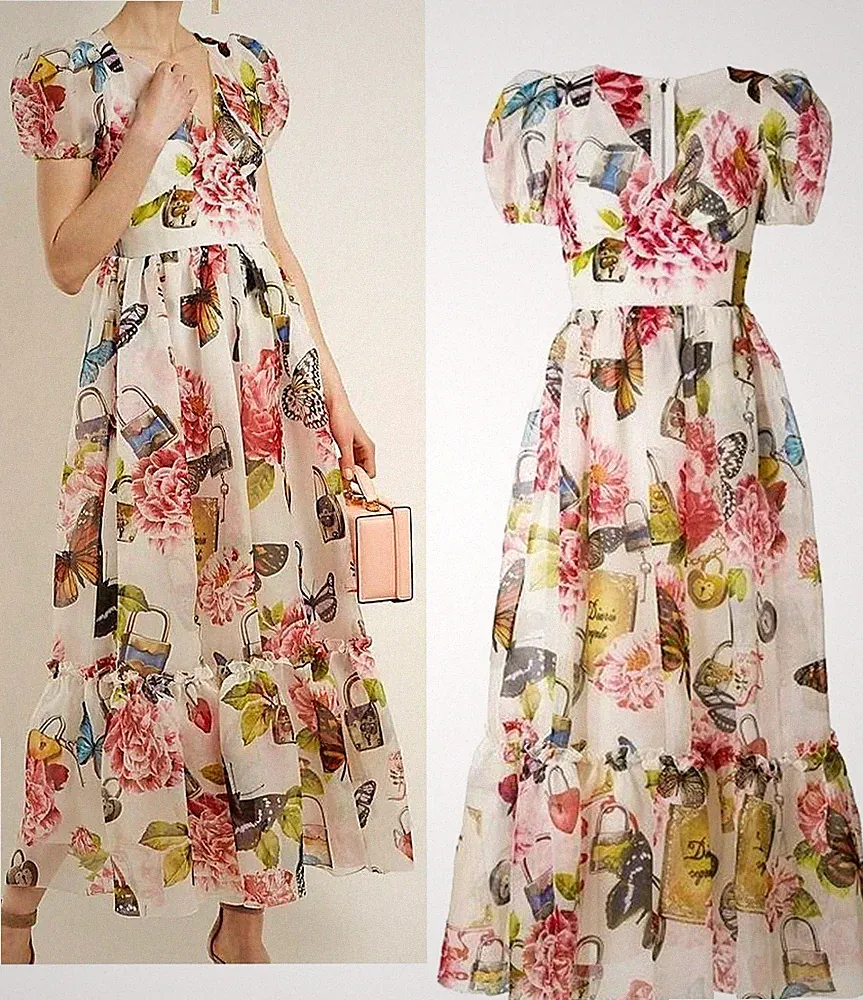 Dolce & Gabbana Maxi Designer Kleid Seide Chiffon Schmetterlinge Blumen IT44