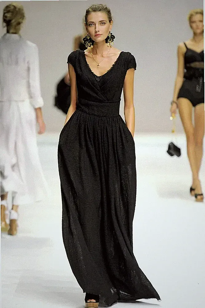 Dolce & Gabbana Maxikleid Runway SS2011 Rüschen Schwarz Canvas Baumwolle Tasc...