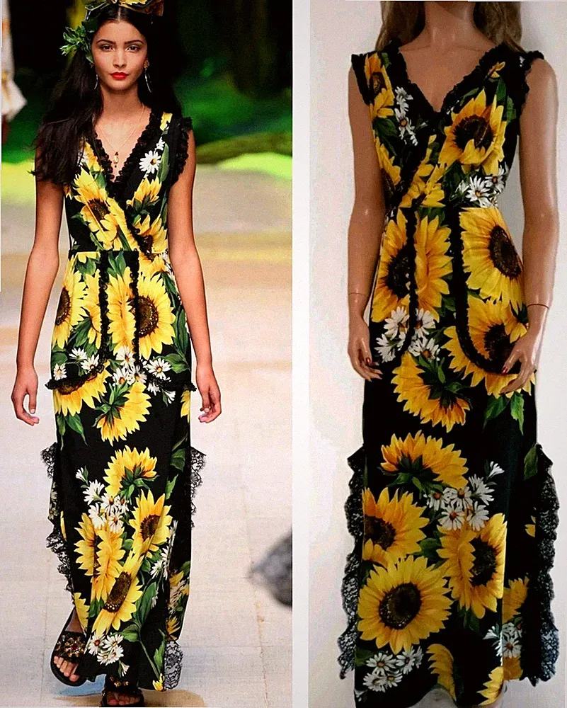 Dolce & Gabbana Maxikleid Runway SS2017 Blumenmuster Sonnenblumen Spitzenbesa...