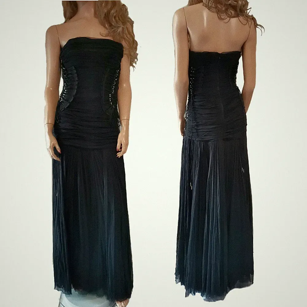 Dolce & Gabbana Maxikleid Runway Trägerlos Korsett Schnürung Tüll Schwarz IT46