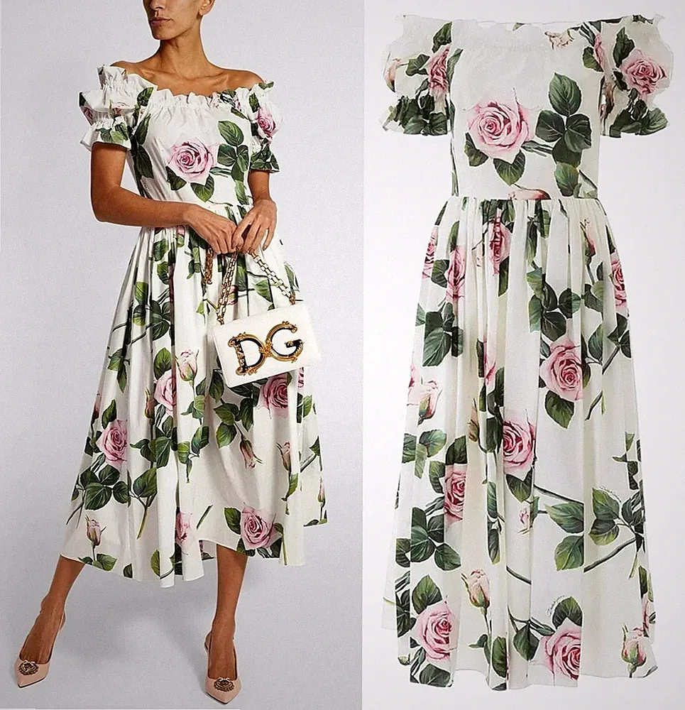 Dolce & Gabbana Maxikleid Tropical Roses Off-Shoulder Cotton Floral White IT40