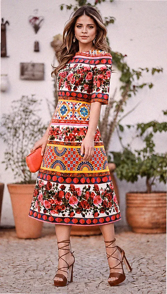 Dolce & Gabbana Midikleid Blumen Rosen Mambo Print Struktur Baumwolle A-Linie...