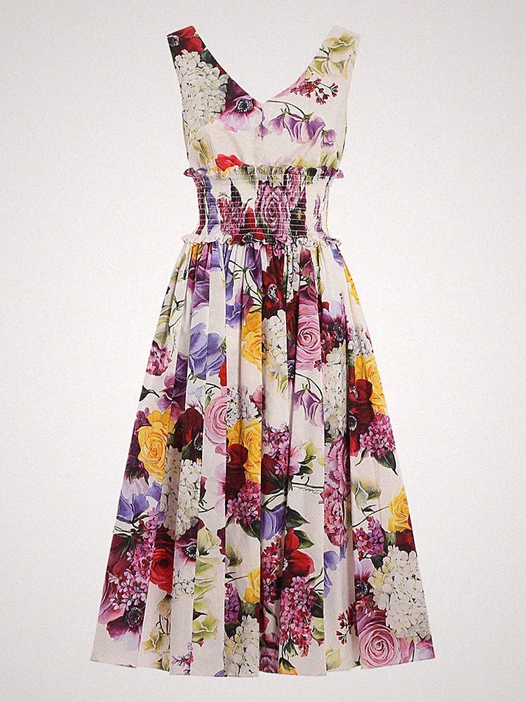Dolce & Gabbana Midikleid Blumenmuster Baumwolle Weiß Ausgestellt IT38