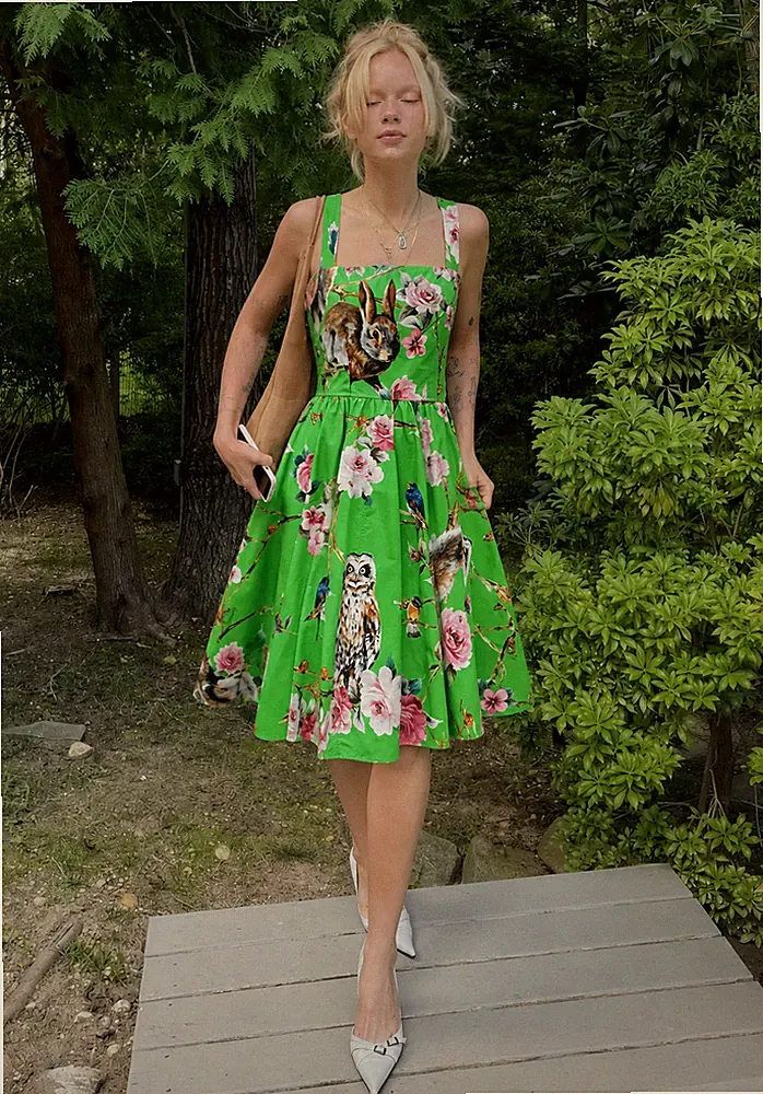 Dolce & Gabbana Midikleid Enchanted Forest Owl Floral Print Grün Baumwolle IT40