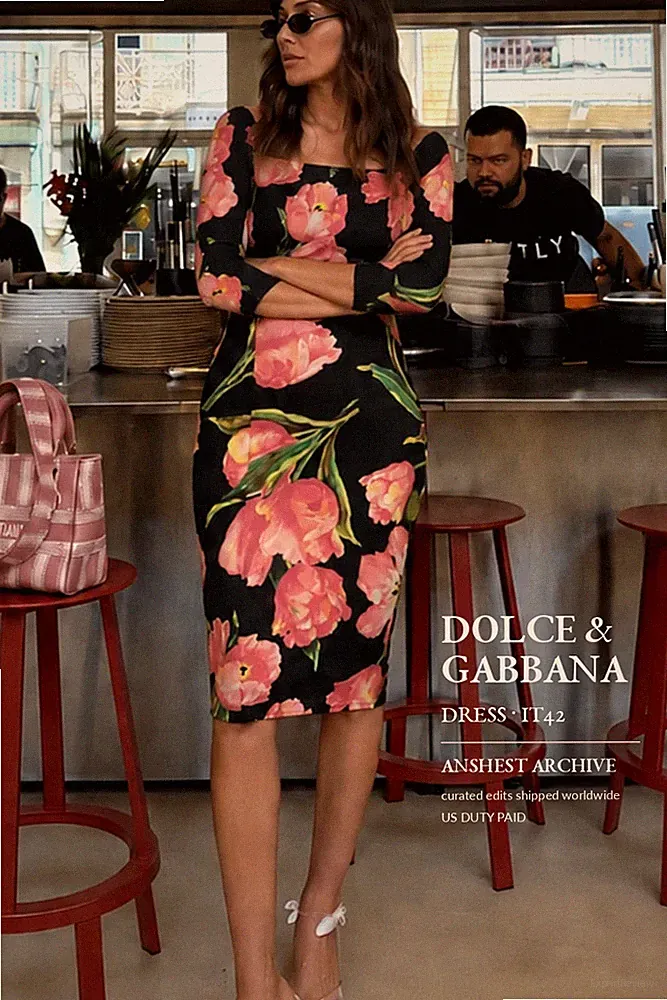 Dolce & Gabbana Pink Tulips Floral Print Sheath Pencil Black Cady Dress IT42