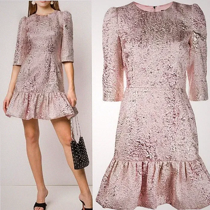 Dolce & Gabbana Rare Jacquard Brocade Ruffle Rose Gold Pink Cocktail Dress IT40